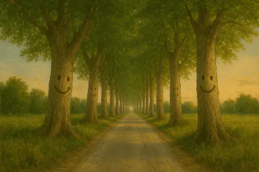 Route bordée de platanes souriants